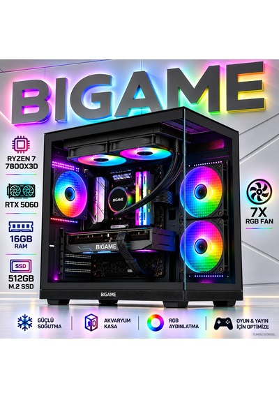 Bigame ELITE-V5 R7-7800X3D 16 GB 512 GB M2 SSD RTX5060 Free Dos Masaüstü Oyuncu Bilgisayarı
