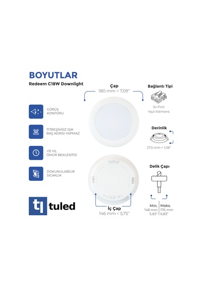 Redeem C18W Downlight, Titreşimsiz, Göz Konforu, 1556 Lümen, Ilık Beyaz, 3000 Kelvin Beyaz