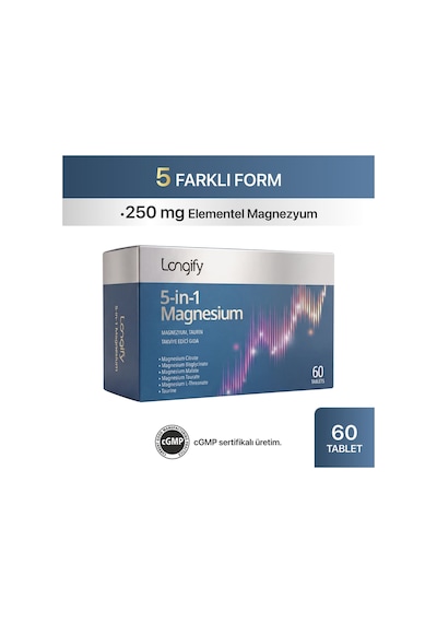 Longify 5-in-1 Magnesium Magnezyum Bisglisinat, Sitrat, Malat, L-treonat, Taurat Ve Taurin 60 Tablet