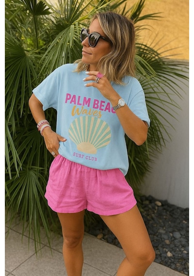 Palm Beach Waves Baskılı Unisex Tshırt Bebe Mavisi