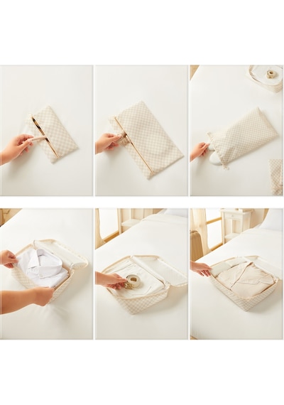 Ocean Home Textile 6'lı Yıkanabilir Bej Dama Desen Pamuklu Bavul İçi Düzenleyici Set Bej