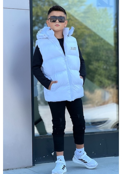 Pina Kids Erkek Çocuk Baskılı Çıkarılabilir Kapüşonlu Şişme Yelek 3017 Beyaz