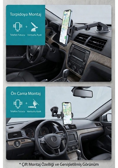 360 Dönebilen Araç Telefon Tutucu - Çift Montajlı Ön Cam + Torpido Tüm Telefonlara Uyumlu Siyah