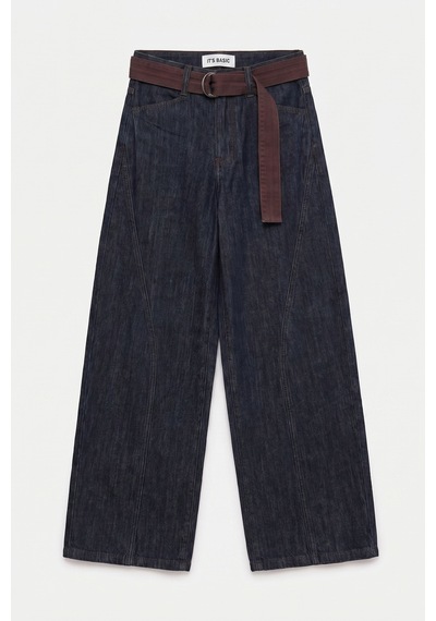 Itsbasic Kadın İndigo Selvedge 7s6-50 Barrel Fit Kemer Detaylı Tasarım Denim Jean