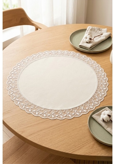 Leke Tutmaz Su İtici Kaliteli Kumaş Yuvarlak Runner Ekru Güpürlü 60x60 Cm