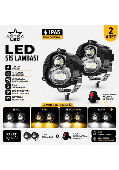 Astra Led 2 Adet Led Sis Farı Motosiklet Atv Utv Scooter Uyumlu Metal Kasa Açma Kapama Anahtarlı Beyaz Sarı Çift Renk