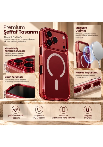 İphone 17/18 Pro Max Şeffaf Magsafe İle Uyumlu Kılıf, Bordo Tasarım