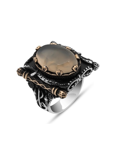 Oval Yemen Akik Taşlı Elifvav 925 Ayar Gümüş Yüzük Beyaz