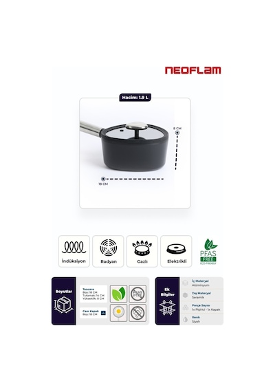 Neoflam Fika Apex Seramik Kaplama İndüksiyonlu Sos Tenceresi 18 Cm Siyah