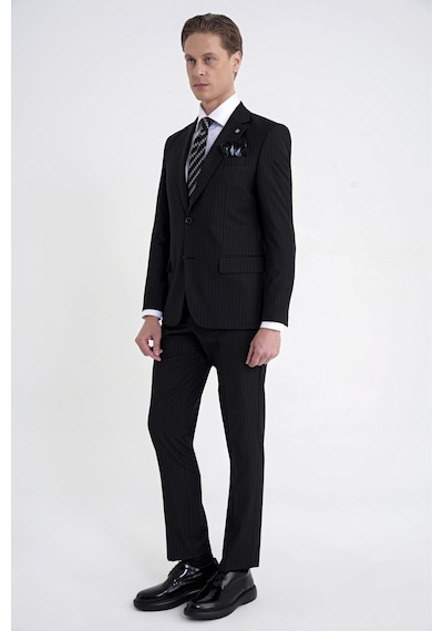 Efor Slim Fit Mono Yaka Esnek Yünlü Siyah Çizgili Takım Elbise Tk 942