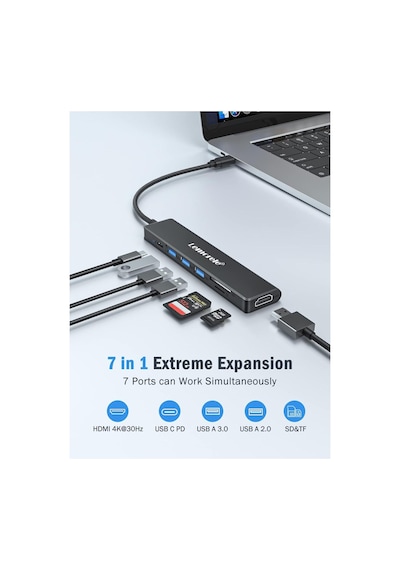 Lemorele Tc70 7 İn 1 Type-c Hub Adaptör Çoğaltıcı 4k Hdmı 100w Pd Usb 3.0 Sd/tf Kart Okuyucu Type-c Çoklayıcı