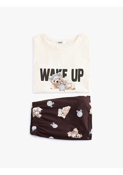 Koton Pamuklu Kısa Kollu Rahat Kesim Şortlu Pijama Seti Ekru 6slk40175mk