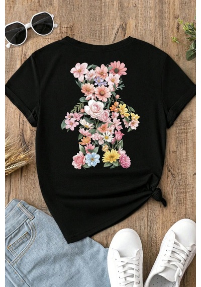 Spoyi Baharda Ayıcık Tasarımlı %100 Pamuk Yarım Oversize Siyah T-mhirt
