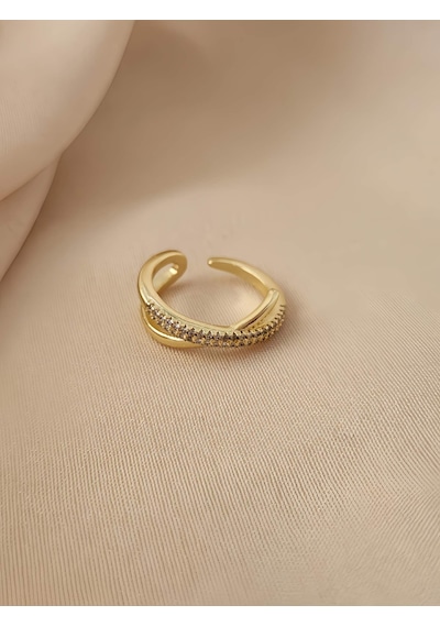 Çapraz X Model Zirkon Taşlı Ayarlanabilir Gold Altın Renkli Yüzük Gold