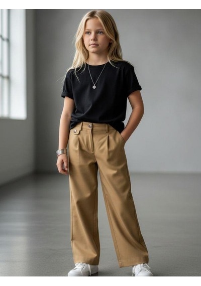 Zekids Kız Çocuk Paraşüt Kumaş Bol Paça Pantolon-16953 Vizon