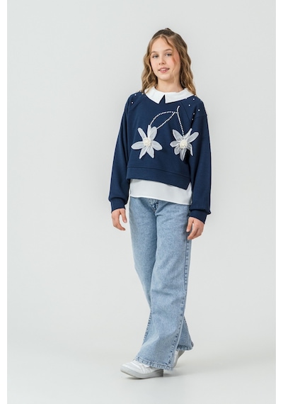 Miniko Kids Kız Çocuk Bayramlık Çiçekli Taşlı Kot Pantolonlu 2li Takım Lacivert