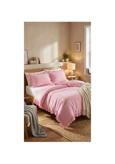 3 Parça Çarşafsız Pamuklu Kumaş Fırfırlı Çift Kişilik Nevresim Seti Pembe - 784822059 Pembe