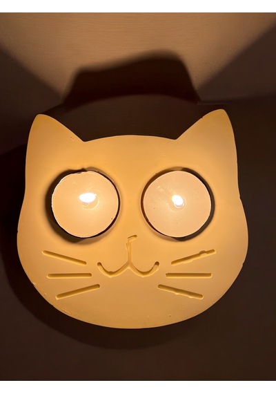 Sarı Kedi Şekilli Beton Mumluk - El Yapımı Dekoratif Çay Işığı Tealight Mumluk - Minimalist Kedi Tem Sarı