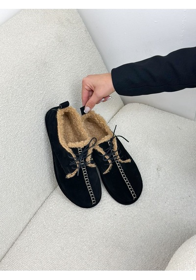 Erva'nın Butiği Siyah Hakiki Deri Sorry İçi Peluş Bağcıklı Kadın Ayakkabı-6395