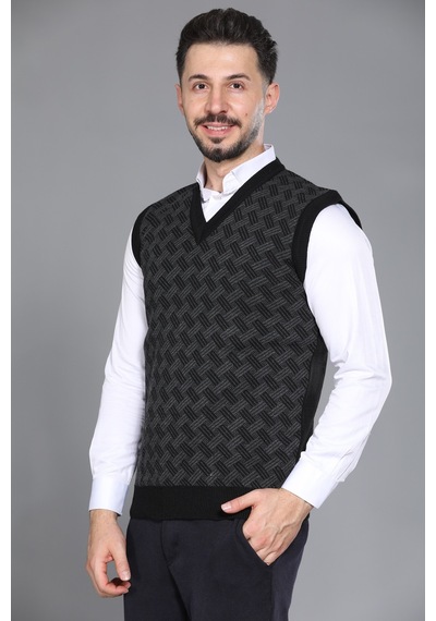 Kzc Tekstil Erkek Baba Ve Orta Yaş Desenli Akrilik Kalın Dokulu V Yaka Triko Süveter Siyah