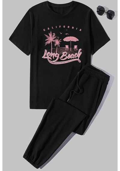 Uyguntarz Unisex Long Beach Baskılı 2'li Eşofman Takımı Siyah