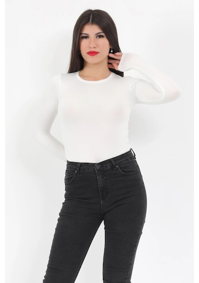 Giysa Kadın Ekru Bisiklet Yaka Uzun Kollu Esnek Çıtçıtlı Body Zıbın - 2439 Ekru
