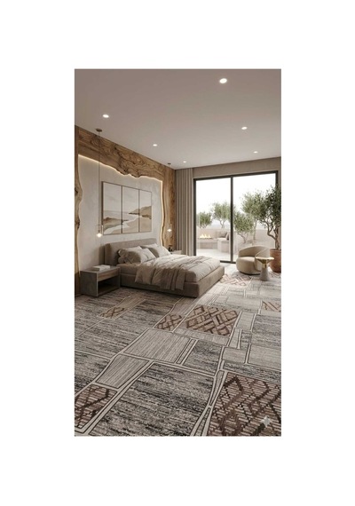 Nesrin Modern Kahve Gri Etnik Desen Kaymaz Jel Taban Halı