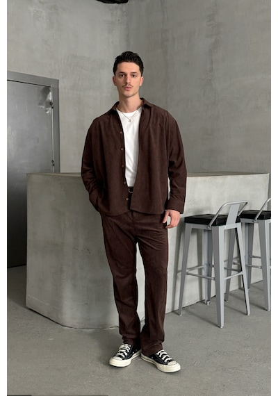 Erkek Oversize Kesim Kadife Gömlek Kahverengi