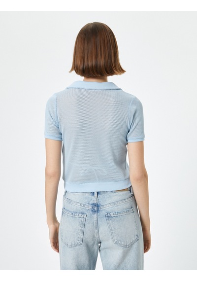 Koton Crop File Tişört Polo Yaka Kısa Kollu Mavi 4sak50489ek Mavi