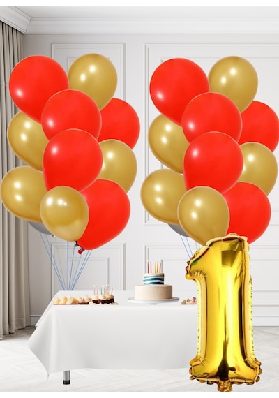 1 Yaş Sarı Kırmızı Taraftar Temalı Doğum Günü Seti Altın Kırmızı Balonlar Altın Folyo Rakam Altın