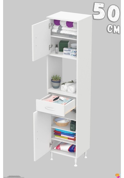 Arda 50 Cm 2 Kapaklı 7 Raflı Ve Çekmeceli Çok Amaçlı Banyo Dolabı 50 Cm