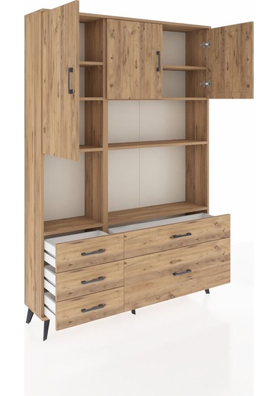 Arges Dolap 8 Raflı 5 Çekmeceli 3 Kapaklı 132x30x195 Çam-çam/çam Çam