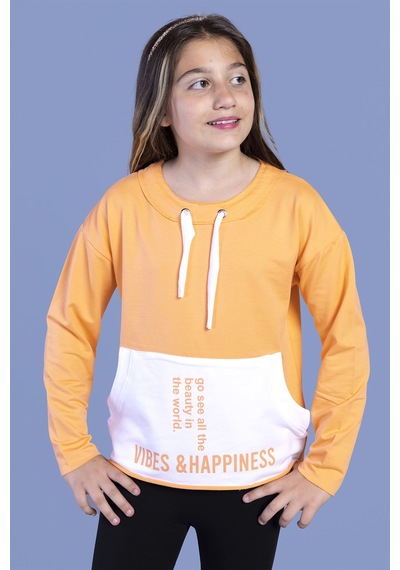 Toontoy Kız Çocuk Kanguru Cepli Baskılı Sweatshirt Turuncu