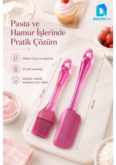 2 Li Silikon Spatula Ve Fırça Seti Pasta Hamur Kek Krema Sürme Karıştırma Mutfak Yardımcısı Pembe
