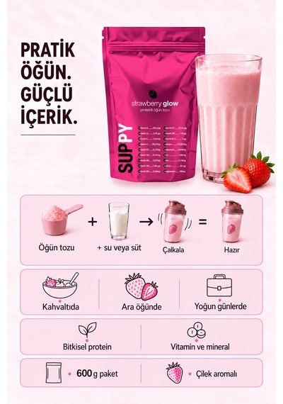 Suppy Strawberry Glow Çilekli Proteinli Öğün Tozu 600 G Çilek