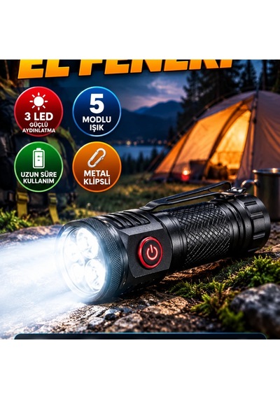3 Led Mini El Feneri 5 Modlu Güçlü Aydınlatma Metal Klipsli