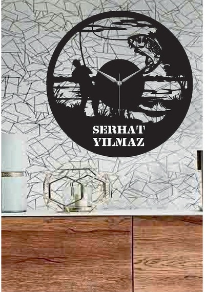 Kişiye Özel Isimli Fishman,Balık Adam Dekoratif Ahşap Duvar Saati Siyah