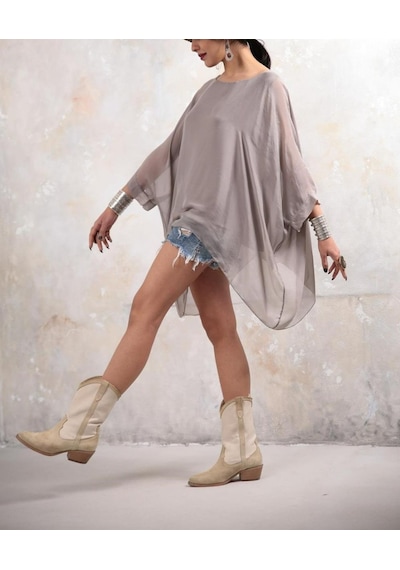 Bohem Stil İtalyan Yarasa Kol İpek Bluz-8869 Vizon