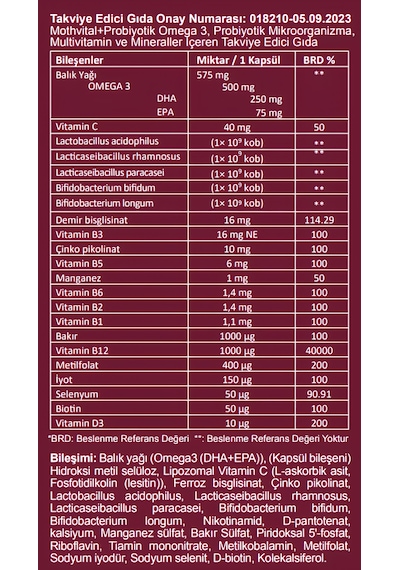 Sundex Mothvital+Probiyotik Omega 3 Takviye Edici Gıda 2 x 30 Kapsül
