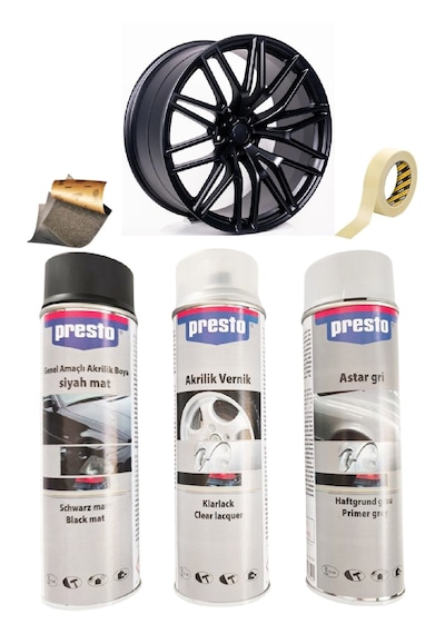Presto Mat Siyah Sprey Jant Boyama Seti+vernik+astar 500 Ml.