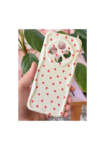 Fibaks Redmi 14c Uyumlu Kılıf Kamera Korumalı Dalga Kenarlı Kırmızı Kalp Desenli Silikon Kapak