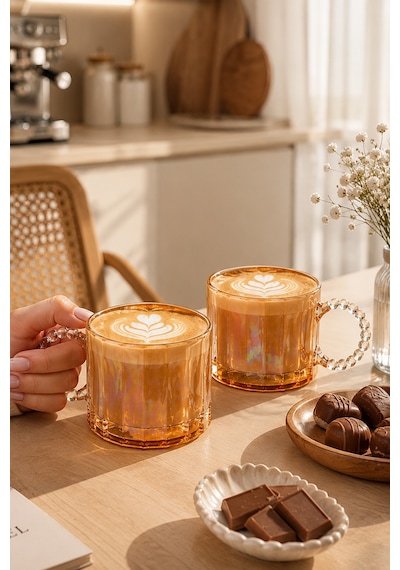 Porsima 15863 Ringo Line Amber 6lı Renkli Cam Kupa Çay Kahve Meşrubat Bardak Seti 325ml