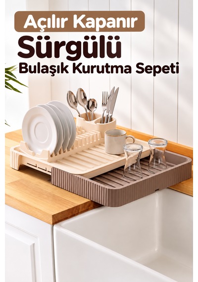 Açılır Kapanır Sürgülü Bulaşık Kurutma Sepeti - Sürgülü Bulaşıklık Bej