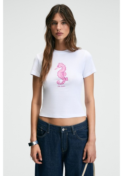 Grımelange ATHEA Kadın Bisiklet Yaka Kısa Kollu Önü Baskılı Slim Beyaz - Pembe baskılı T-Shirt