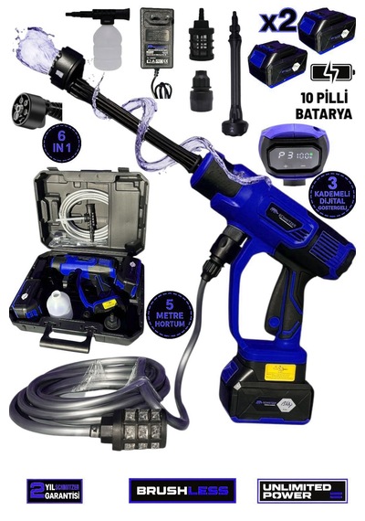 Schmıtzer Sch-2002m Pro 21v Brushless Motor Yüksek Basınçlı Şarjlı Oto Araba Yıkama Makinesi 3 Kademe Dijital Göstergeli 30