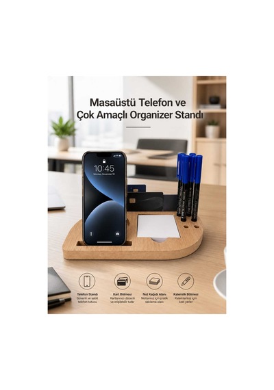 Deskmate Safir Meşe Telefon Standlı Mdf Masaüstü Organizer Kalemlik & Notluk & Kartlık Kahverengi - 874801382 Kahverengi