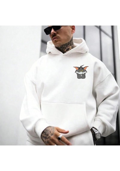 Tom Baskılı Oversize Unisex Kapüşonlu Sweatshirt Beyaz
