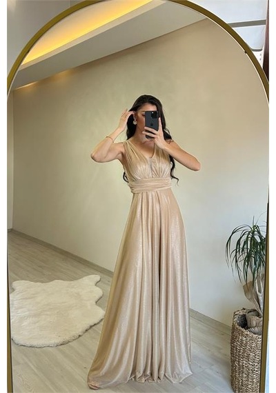 Neşeli Butik Kadın Drapeli Işıltılı Kalın Askılı Abiye Elbise Nm003 Sarı