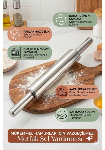 44 Cm Paslanmaz Metal Çelik Merdane Ergonomik Kulplu Çelik Profesyonel Hamur Açma Merdanesi