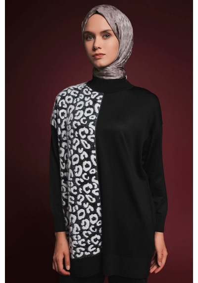 Armine Trend Leopar Desenli Balıkçı Yaka Triko Tunik Siyah 25ytd4110 Siyah